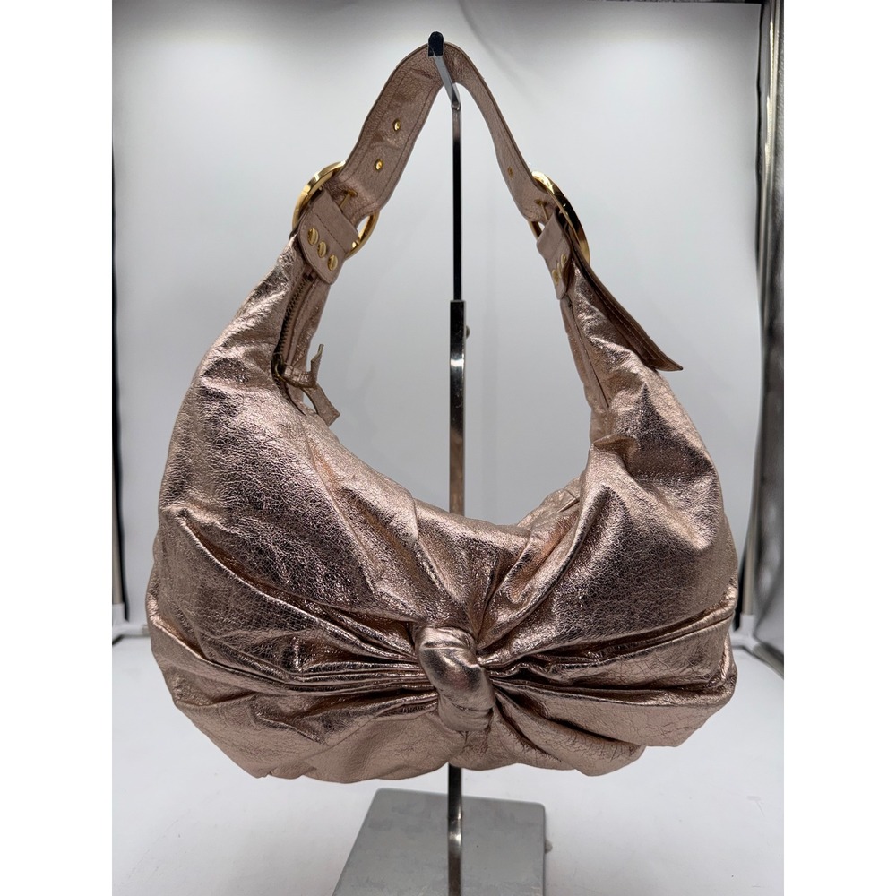 Sabina NYC Metallic Rose Gold Crinkled Leather Bow Hobo Bag Gold Hardware
